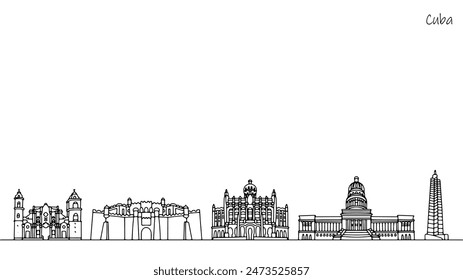 Architecture that attracts attention in Cuba. Hand-drawn buildings of the Republic of Cuba. Tourist vector isolated on white background.