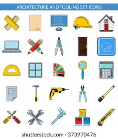 Architecture and tooling set icons and white background in cartoon style