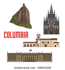 Architecture tourist attractions of Colombia. El Penon de Guatape Rock, Iglesia de la Merced church, Las Lajas Sanctuary, Colombian Capitol. Historic buildings vector icons