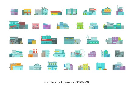 Architecture town buildings big set. City street. Flat stock vector graphics. A lot of various details houses