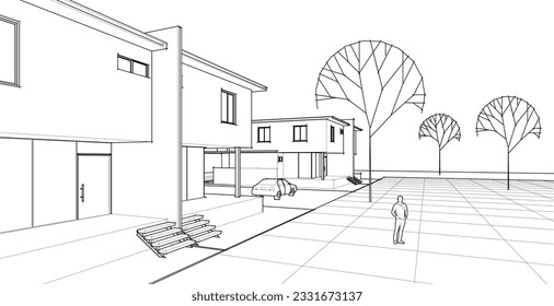 architecture townhouse sketch 3D illustration