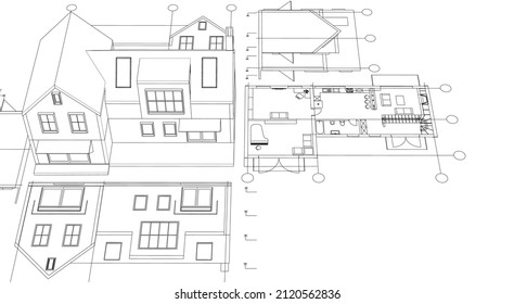 
architecture traditional house plan 3d illustration