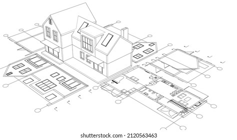 
architecture traditional house plan 3d illustration