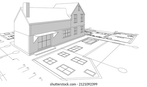 architecture traditional house plan 3d illustration