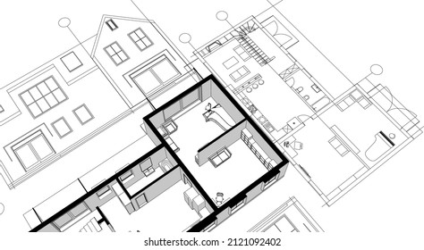 arquitectura plan casa tradicional 3d ilustración
