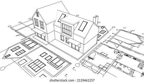 architecture traditional house plan 3d illustration