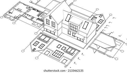 architecture traditional house plan 3d illustration