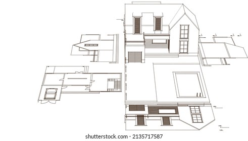 arquitectura plan casa tradicional 3d ilustración