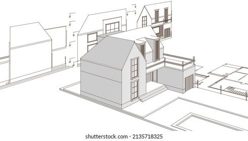 arquitectura plan casa tradicional 3d ilustración