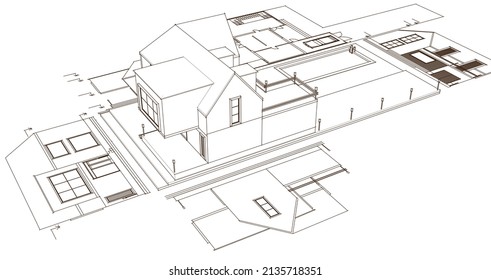 architecture traditional house plan 3d illustration