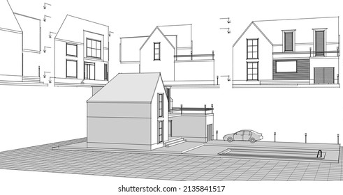 architecture traditional house plan 3d illustration