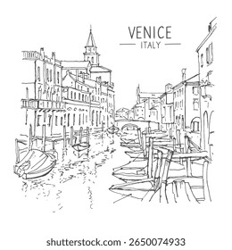 Esboço de viagem da arquitetura, ilustração gráfica desenhada. Desenhando a paisagem urbana, gráficos em preto e branco de Veneza, Itália, canal, ponte, gôndola. Liner esboça arquitetura de Veneza. Vetor