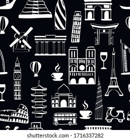 Architecture, travel, tourism chalk fashion vector seamless pattern on black background. Concept for wallpaper, wrapping paper, cards 