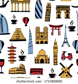 Architecture, travel, tourism fashion vector seamless pattern. Concept for wallpaper, wapping paper, cards 