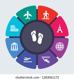 architecture and travel vector template for infographics. Business concept with 9 options, steps, parts, segments. Banner infographic cycling diagram, round chart, Flip flops, Flight icons