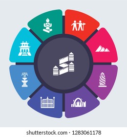 architecture and travel vector template for infographics. Business concept with 9 options, steps, parts, segments. Banner infographic cycling diagram, round chart