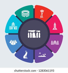 architecture and travel vector template for infographics. Business concept with 9 options, steps, parts, segments. Banner infographic cycling diagram, round chart, Stonehenge, Stadium icons