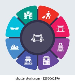 architecture and travel vector template for infographics. Business concept with 9 options, steps, parts, segments. Banner infographic cycling diagram, round chart, Tower bridge, icons