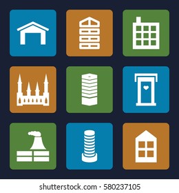 Architecture vector icons. Set of 9 Architecture filled icons such as shutter blinds, business centre, door with heart, garage, business center building, castle, building