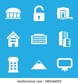 Architecture vector icons. Set of 9 Architecture filled icons such as building, business center building, opened lock, measure tape, pyramid, observatory