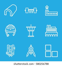Architecture vector icons. Set of 9 Architecture outline icons such as compass, castle, brick wall, level equipment, helmet, airport tower, tunnel