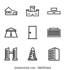 Architecture vector icons. Set of 9 Architecture outline icons such as building, business center building, castle, brick wall, door, house, tent, tunnel