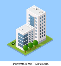 Architecture vector illustration city for business background with isometric skyscraper, urban building, and modern cityscape for town construction map background.