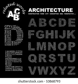 ARCHITECTURE. Vector letter collection. Wordcloud illustration.
