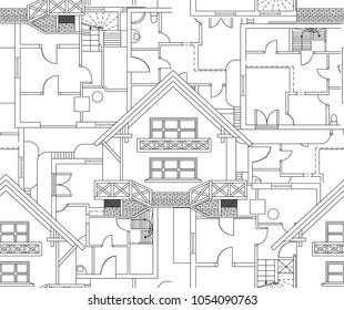 Architecture vector seamless pattern with handwritten house plans