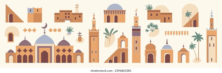 Architecture vector set. Morocco inspired flat illustration with mosque, tower, house, plants, palm trees. Graphic collection of earthy colored buildings clip art. Abstract Moghul design template