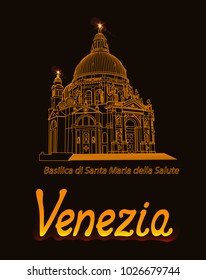 Architecture of Venice. The Basilica of Santa Maria della Salute. Golden silhouette of famous building. Vector illustration on dark background.