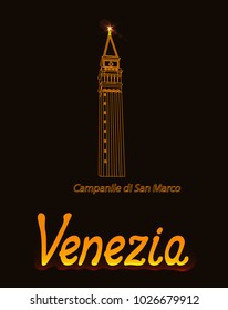 Architecture of Venice. The bell tower of St. Mark's Basilica. Golden silhouette of famous building. Vector illustration on dark background.