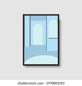 Architecture wall art print. Blue pastel staircase illustrtion for poster, print and decor. Geometric architectural wall art with light and shadows. Stairs, arch and wall minimal vector