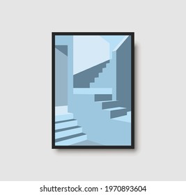 Architecture wall art print. Blue pastel staircase illustrtion for poster, print and decor. Geometric architectural wall art with light and shadows. Stairs, arch and wall minimal vector