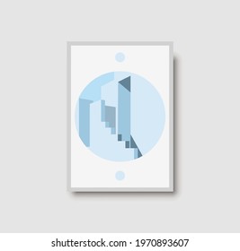 Architecture wall art print. Blue pastel staircase illustrtion for poster, print and decor. Geometric architectural wall art with light and shadows. Stairs, arch and wall minimal vector