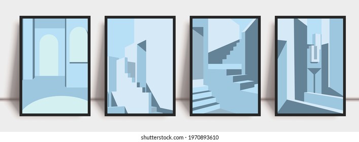 Architecture wall art print set. Blue pastel staircase illustrtion for poster, print and decor. Geometric architectural wall art collection with light and shadows. Stairs, arch and wall minimal vector