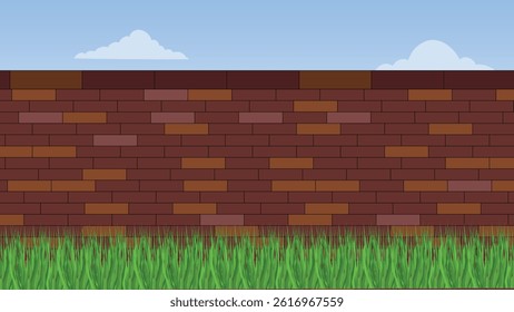 Architecture wall building construction. Brickwall brown texture background with sky and grass view 