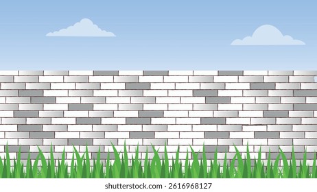 Architecture wall building construction. Brickwall white and gray texture background with sky and grass view 