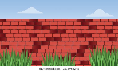 Architecture wall building construction. Brickwall brown texture background. Vintage style design with sky and grass view 