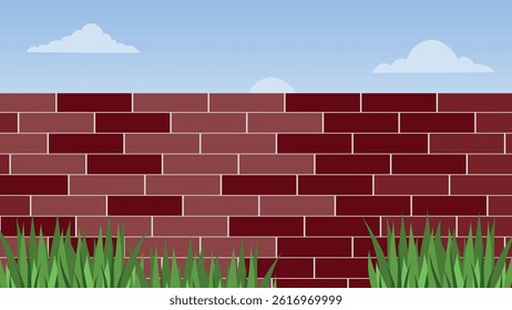 Architecture wall building construction. Brickwall burgundy texture background with sky and grass view 