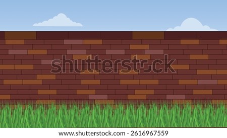 Architecture wall building construction. Brickwall brown texture background with sky and grass view 