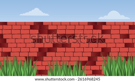Architecture wall building construction. Brickwall brown texture background. Vintage style design with sky and grass view 