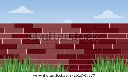 Architecture wall building construction. Brickwall burgundy texture background with sky and grass view 