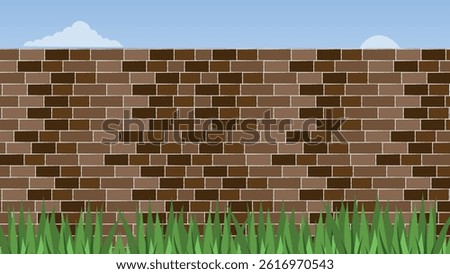 Architecture wall building construction. Brickwall brown texture background with sky and grass view 