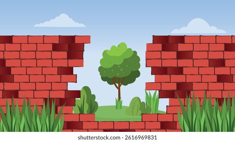 Architecture wall building construction. Broken brickwall brown texture background with sky and grass view and green landscape behind 