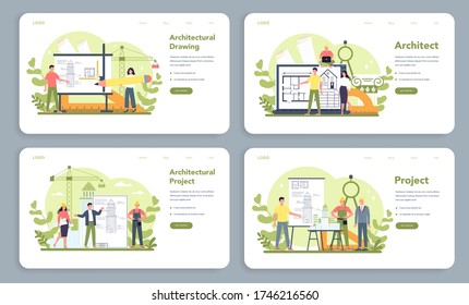 Architecture web banner or landing page set. Idea of building project and construction work. Scheme of house, engineer industry. Construction company business. Isolated flat vector illustration