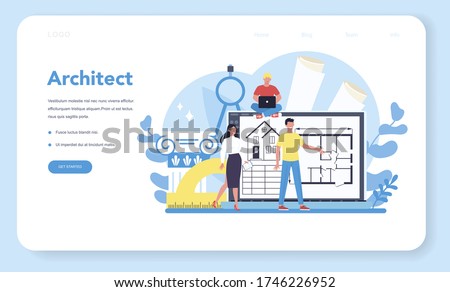 Architecture web banner or landing page. Idea of building project and construction work. Scheme of house, engineer industry. Construction company business. Isolated flat vector illustration