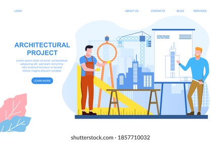 Architecture website web banner or landing page template. Building project and construction work concept. Scheme of house, engineer industry. Flat cartoon vector illustration
