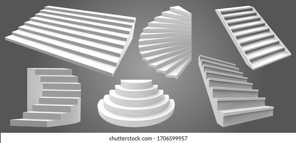 Architecture white realistic stairs. 3d simple interior staircases, modern ladder steps. Stairway isolated vector illustration set. Interior architecture stairway, staircase to climb career