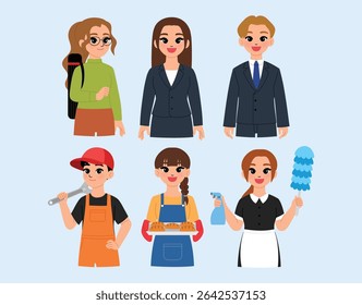 mulher de arquitetura com tubo de blueprint, homem de negócios sorriso e gerente de mulher de negócios, personagem masculino faz-tudo, padeiro feminino segurando pão e bandeja, sorrir mulher governanta com ilusão uniforme